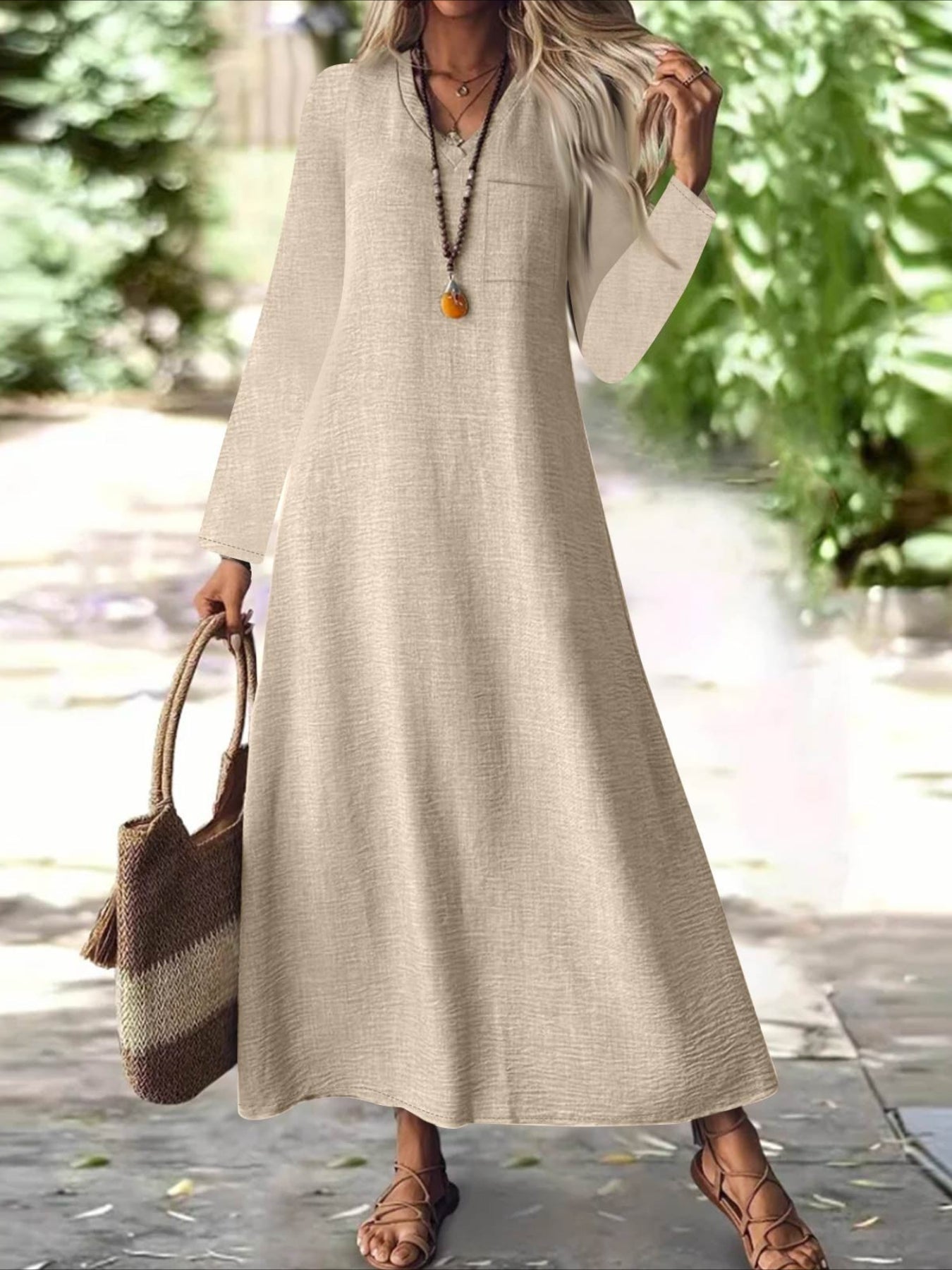 Back Zipper Solid Color Long Sleeve Cotton and Linen Dress