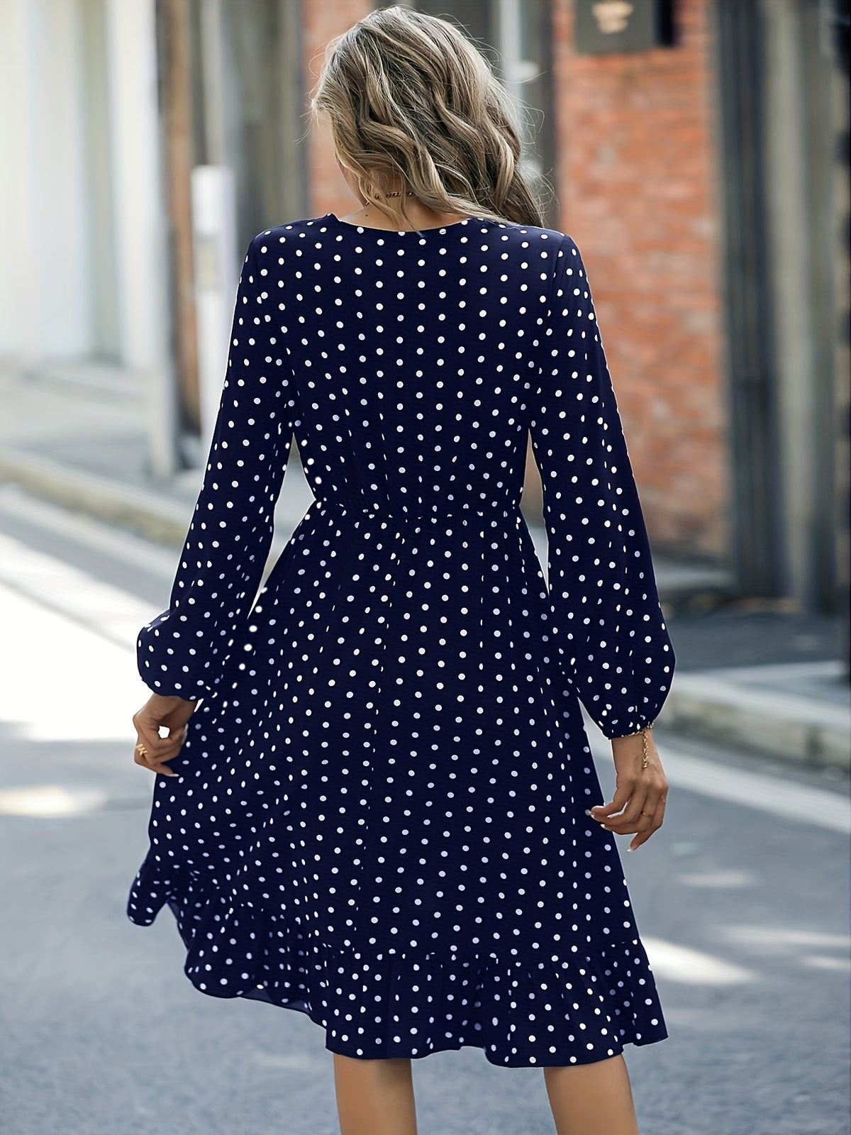 Retro V-neck Ruffle Dress, Polka Dot Print Long Sleeve Waist Loose Summer Dresses