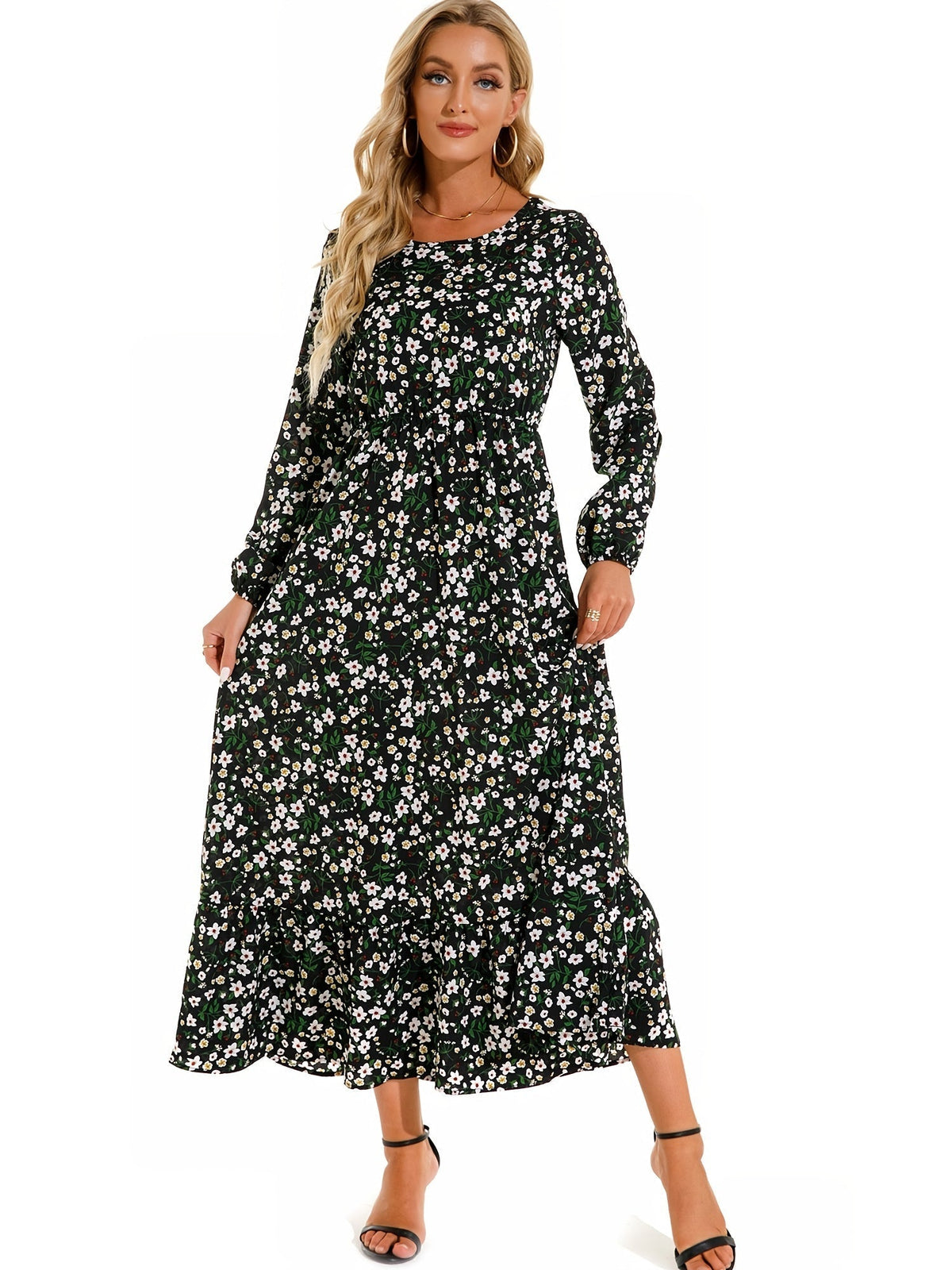 Bohemian Flowy Ruffle Long Dress, Casual Floral Print Long Sleeve Crew Neck Waist Long Dresses