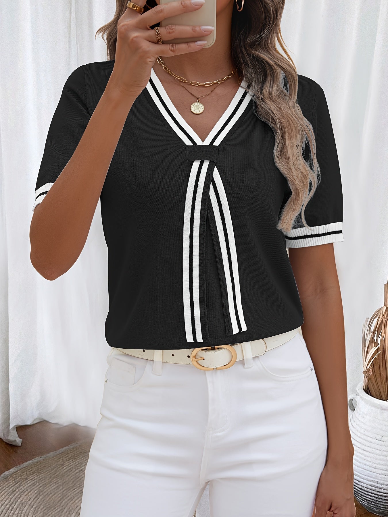Color Block V-Neck Knit Elegant Short Sleeve Top