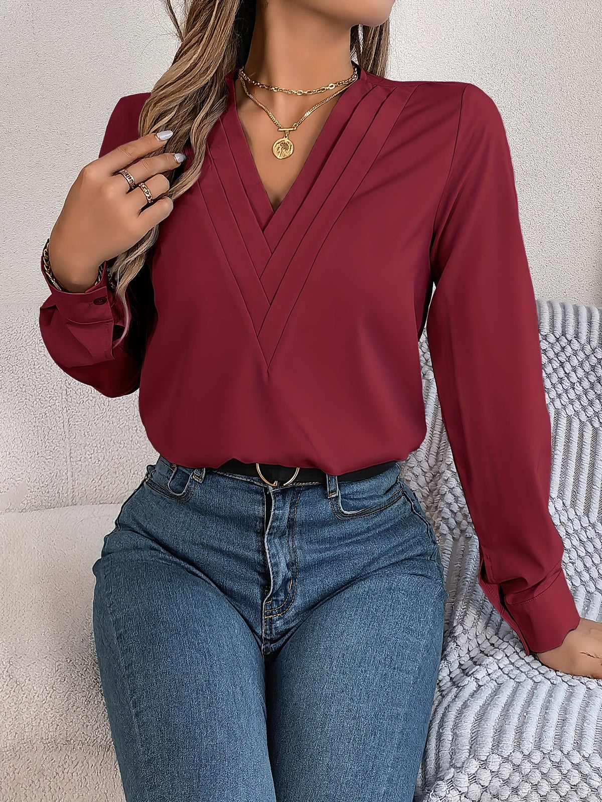 Solid Color V Neck Blouse, Elegant Long Sleeve Blouse