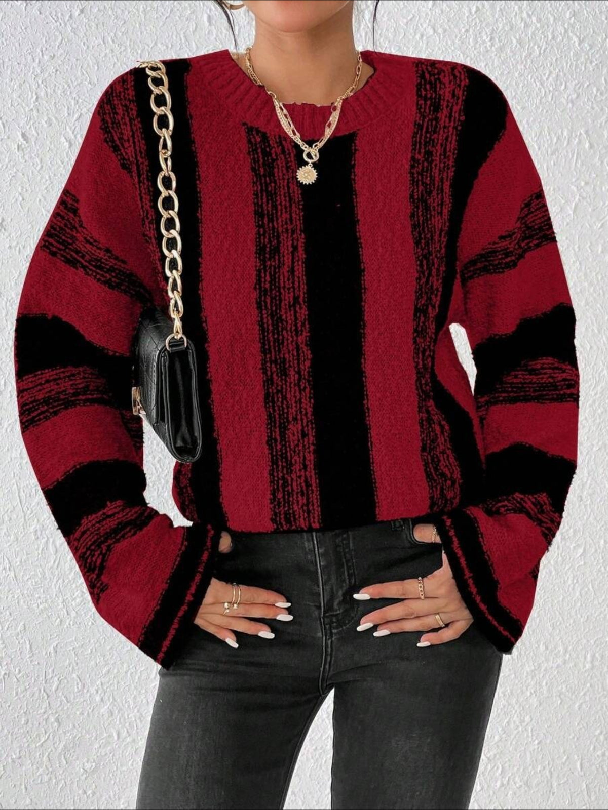 Striped Split Joint Winter Casual Long Sleeve Crew Neck Sweater