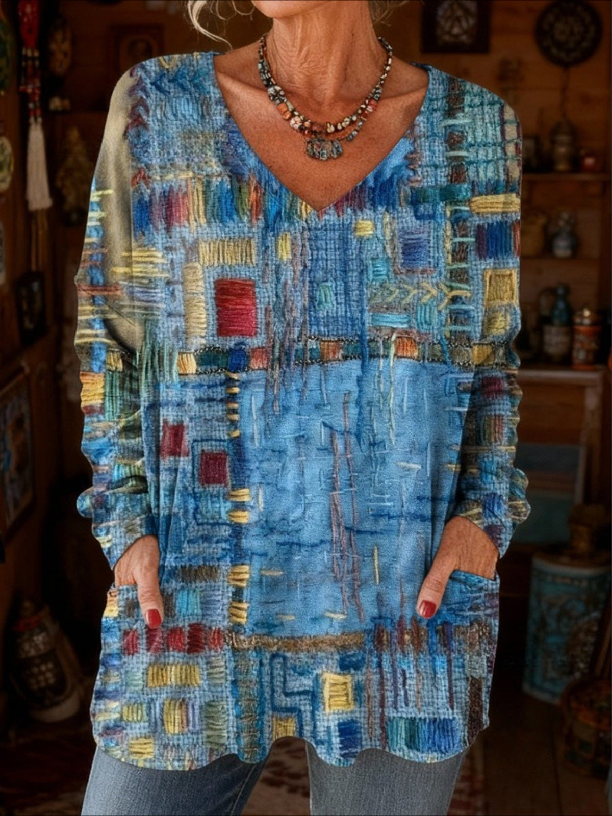 Long Sleeve Spring/Fall Floral Printing V Neck Daily Going Out Vintage Top