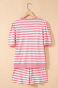 Pink Stripe Puff Short Sleeve T Shirt Matching Shorts Set