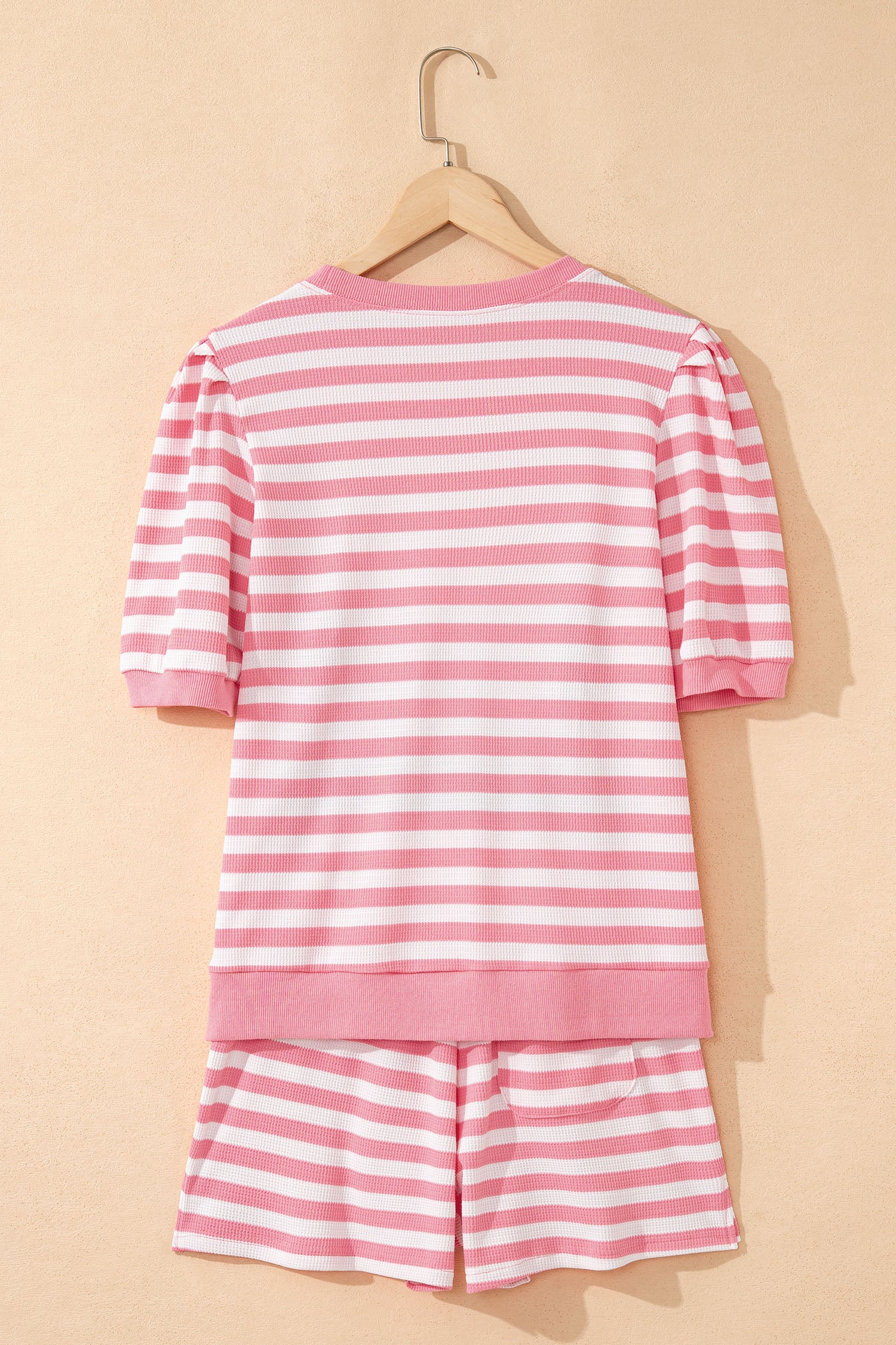 Pink Stripe Puff Short Sleeve T Shirt Matching Shorts Set