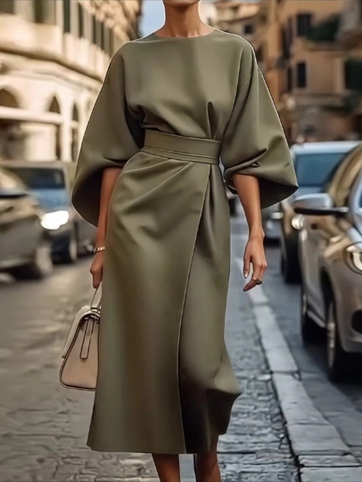 Elegant Solid Color Waist Seven Quarter Sleeve Round Neck Dress