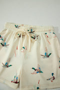 Beige Mallard Duck Print Oversized Tee Drawstring Short Set