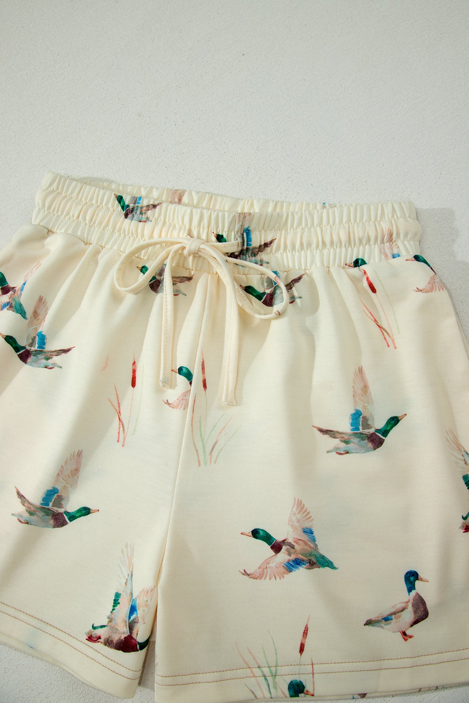 Beige Mallard Duck Print Oversized Tee Drawstring Short Set