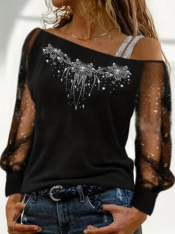 Rhinestones Floral Asymmetrical T-Shirt, Casual Cold Shoulder Mesh Long Sleeve Top