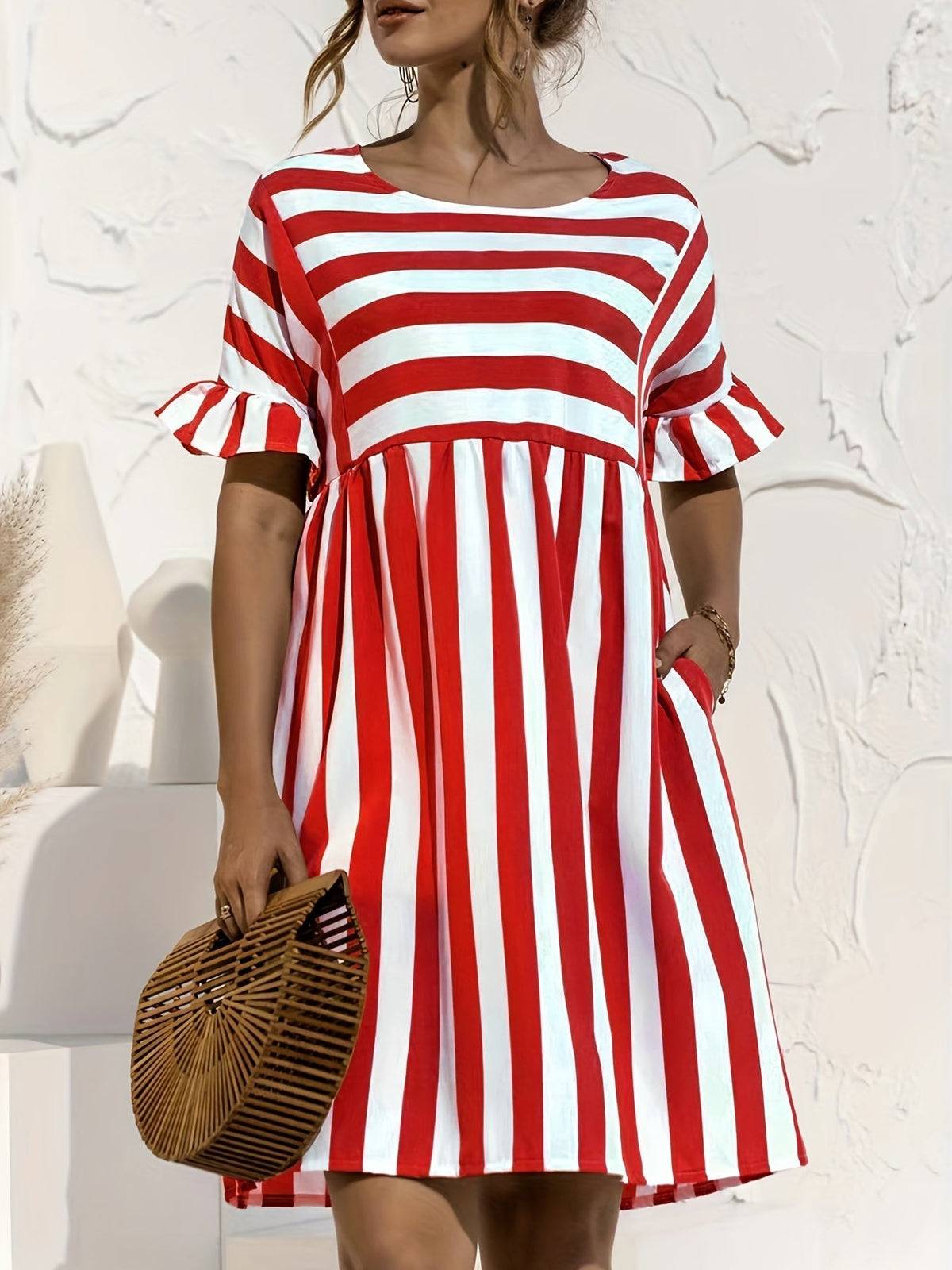 Short Sleeve Beach Dress, Crew Neck Vacation Casual Dress