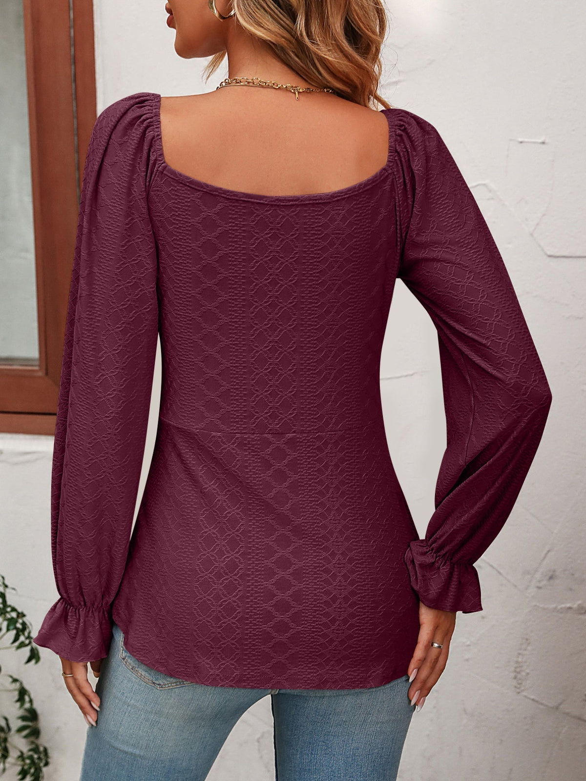 Jacquard Drawstring Front V Neck T-Shirt, Casual Long Sleeve Top