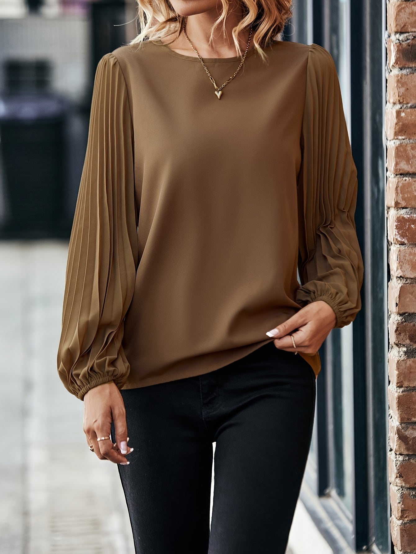 Elegant Round Neck Long Sleeve Blouse - Women's Polyester Shirt for Mature Ladies - Machine Washable, Non