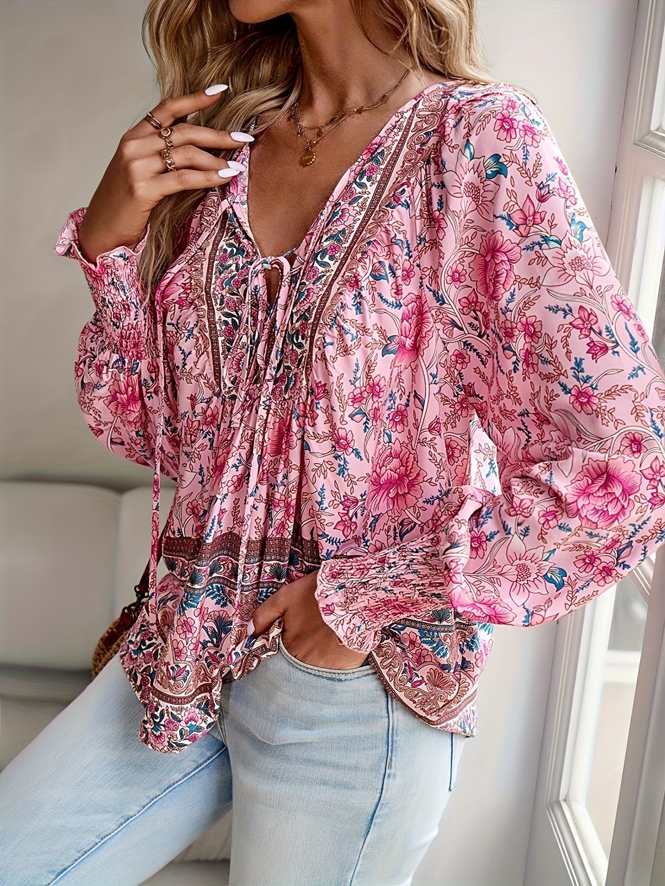 Vibrant Floral Print Tie Neck Blouse - Soft Micro Elastic Polyester Fabric, Casual Long Sleeve Shirt