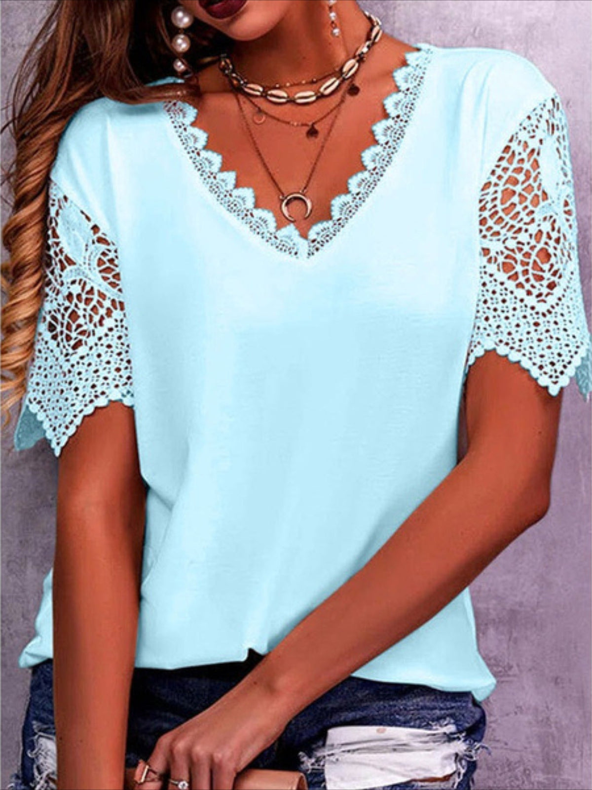 Pure Color Lace Patchwork Short Sleeve T-shirt