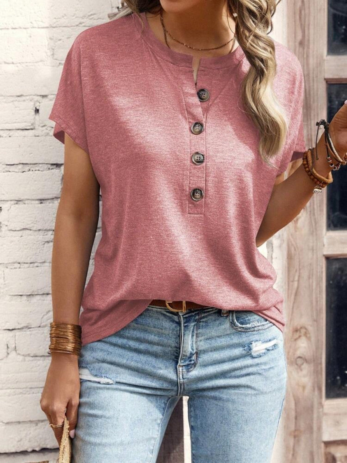 Button Front Solid T-shirt, Casual Short Sleeve T-shirt