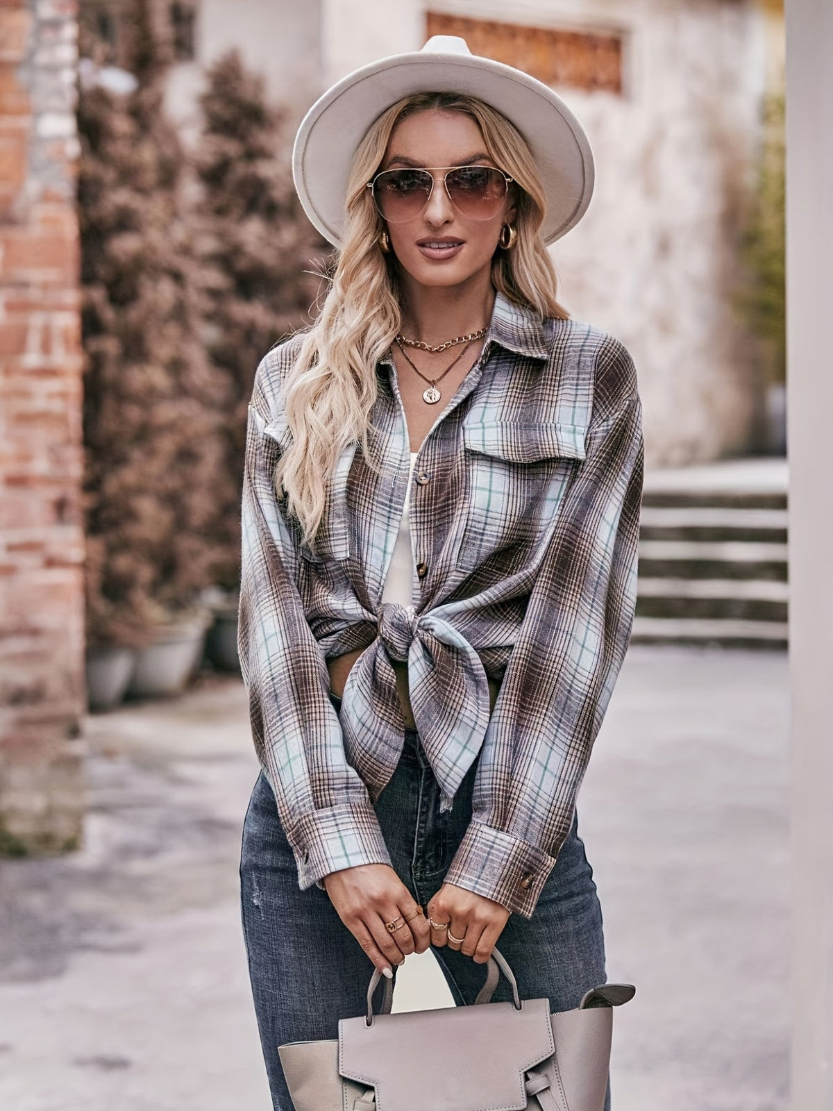 Plaid Print Polo Collar Button Shirt, Casual Long Sleeve Shirt