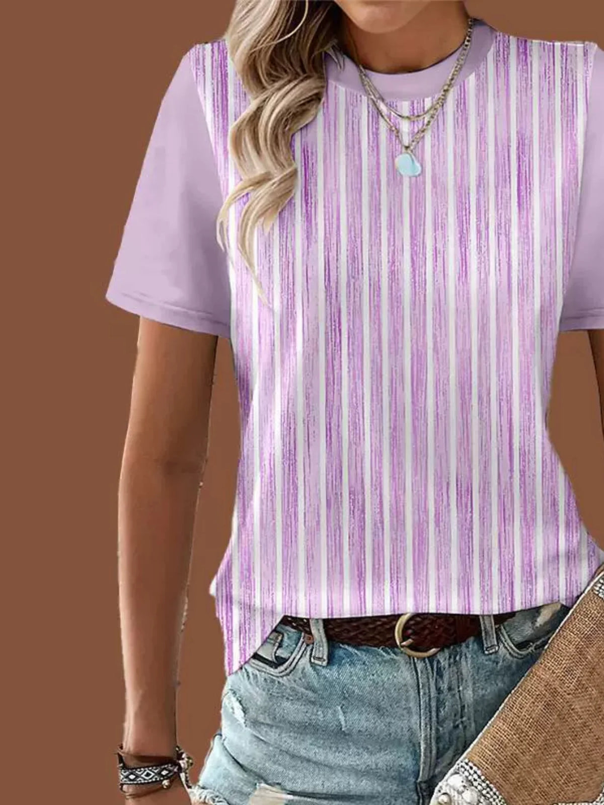 Casual Patchwork Pattern Round Neck Short Sleeve Loose Women T-Shirt