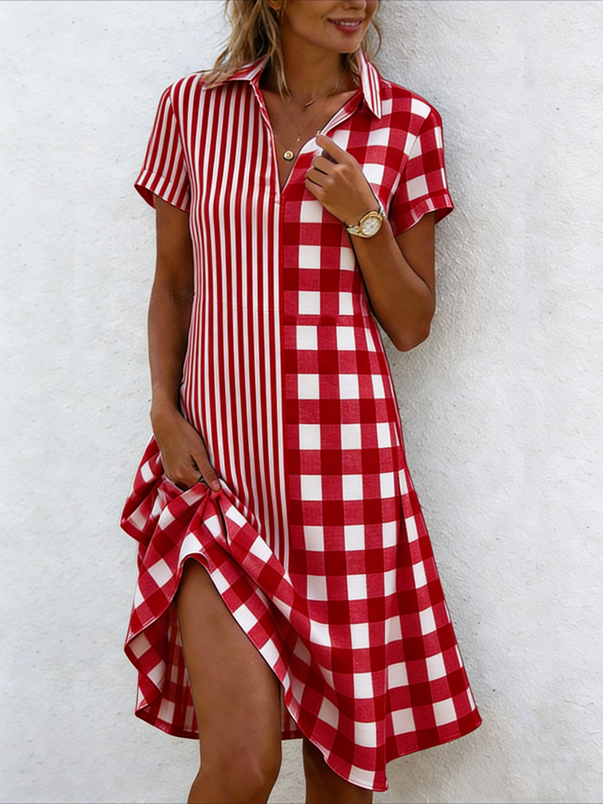 Elegant Loose Shawl Collar Geometric Shirt Dress