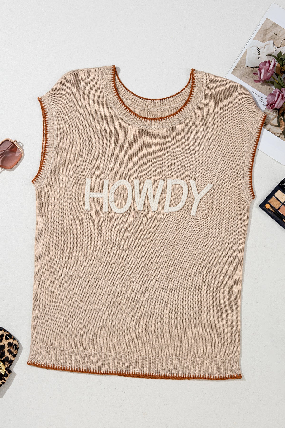 Parchment Contrast Trim Short Sleeve Knit HOWDY Western Sweater