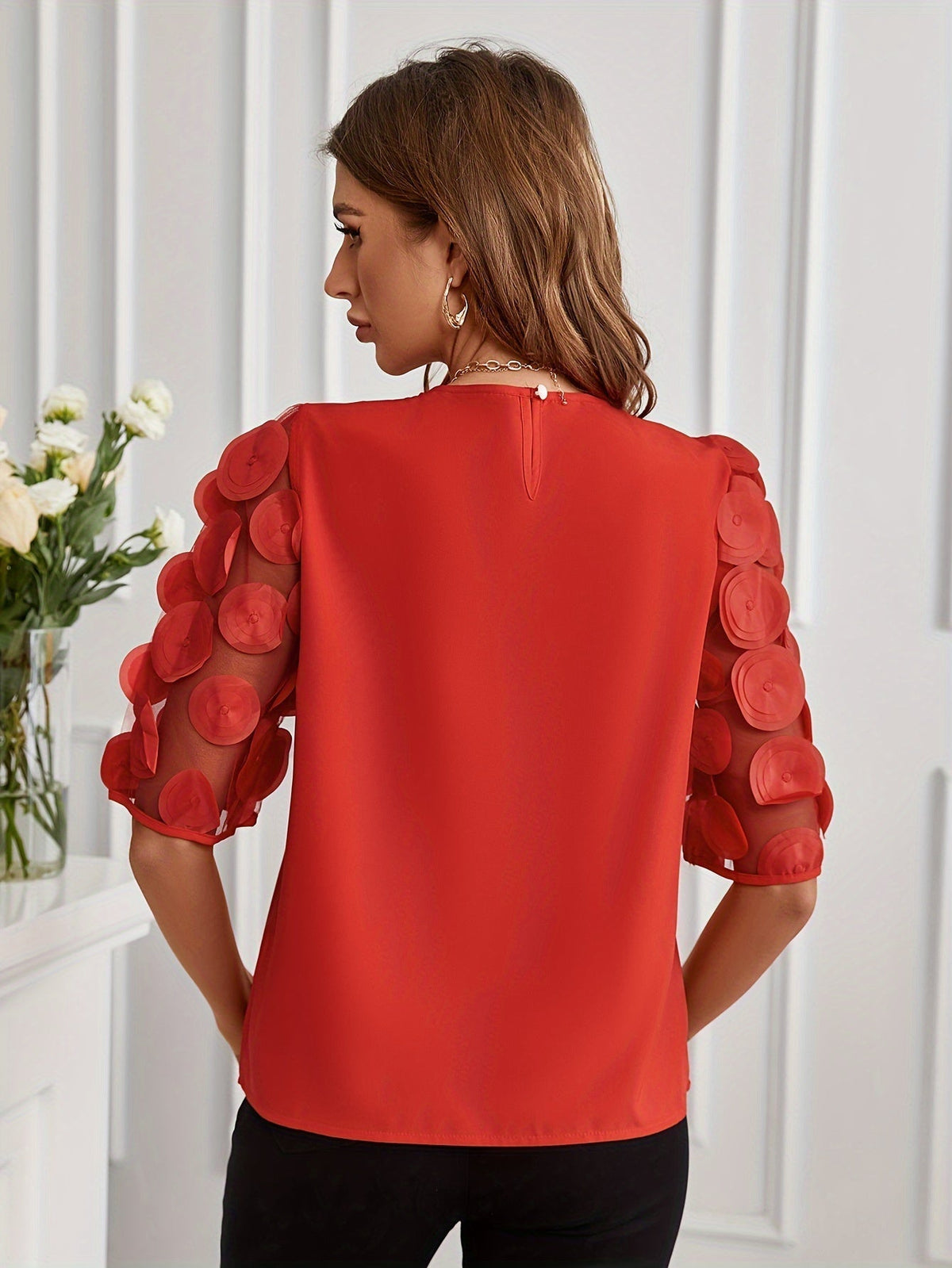 Women's Solid Applique Blouse with Half Sleeves and Mesh Splicing