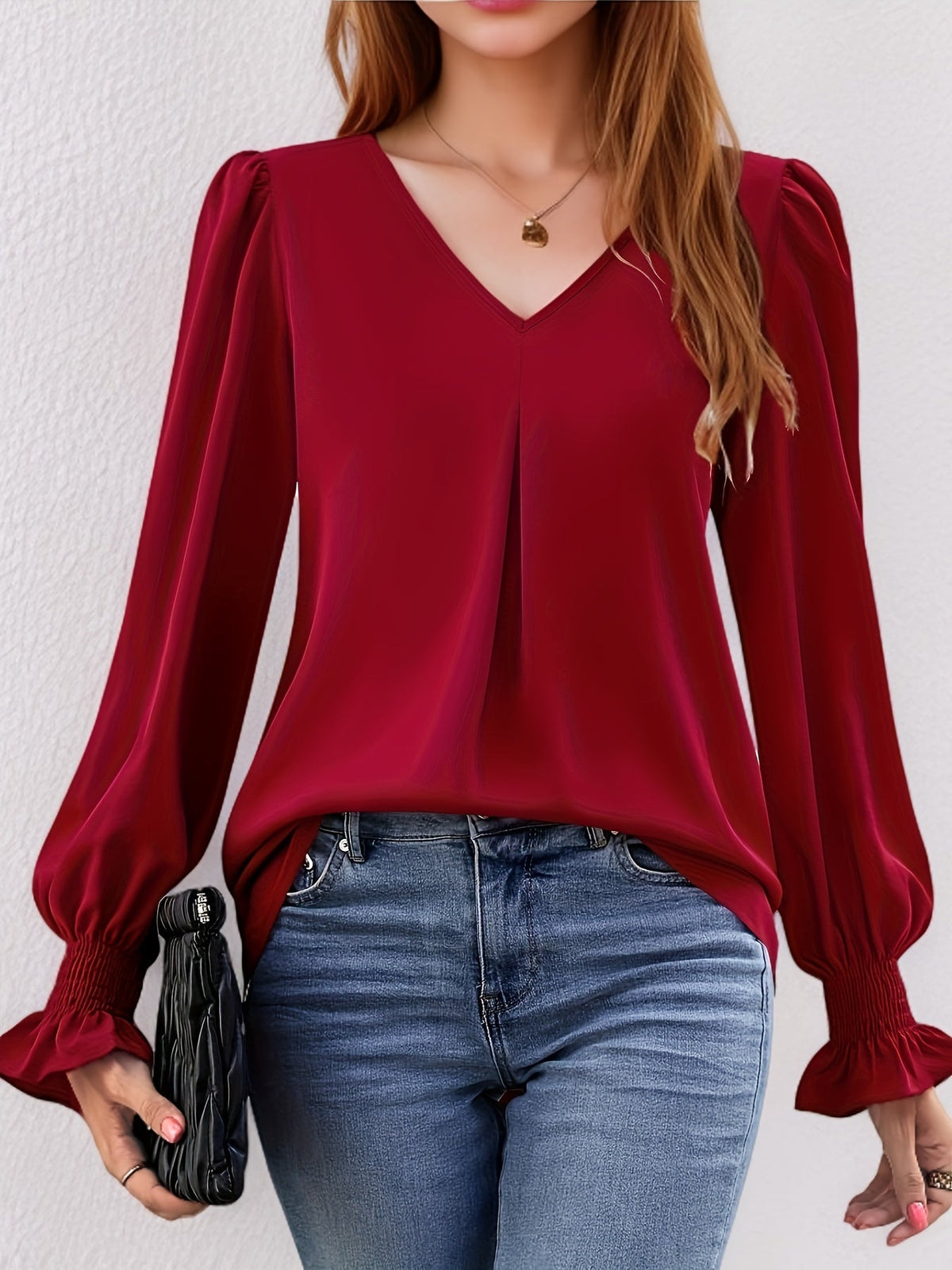 Solid V Neck Simple Blouse, Elegant Long Sleeve Ruched Blouse