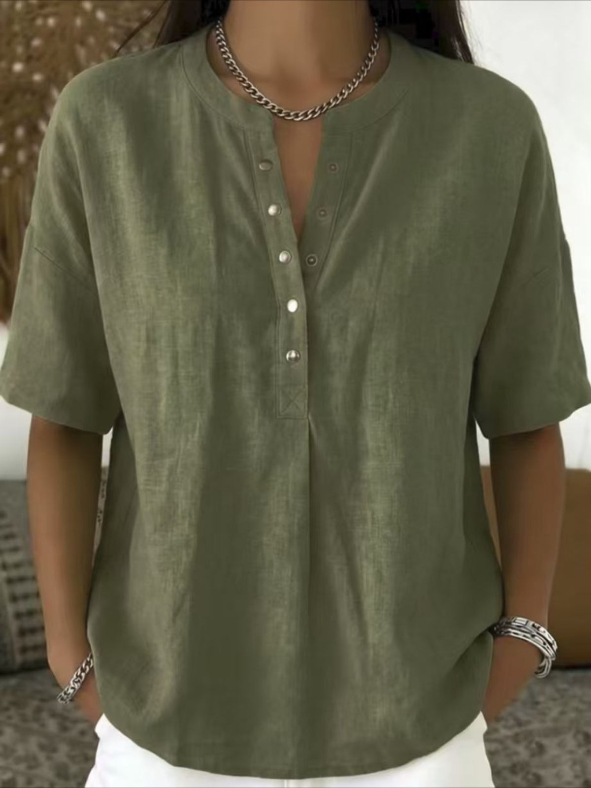 Cotton And Linen Round Neck Short Sleeve Button H-Line Daily Going Out Casual Loose Blouse