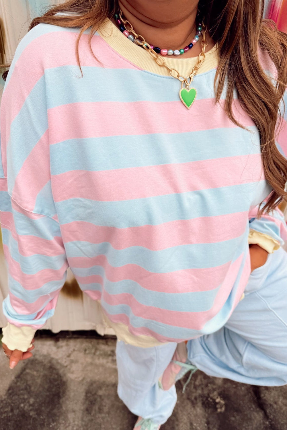 Sky Blue Stripe Drop Shoulder Crewneck Plus Size Sweatshirt