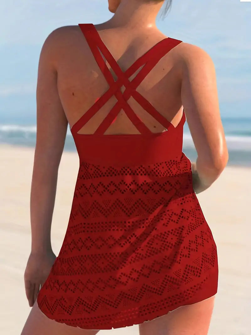 Contrast Mesh Tankini Sets, Drawstring Tie Front V Neck Solid Color Criss Cross Back With Boxer Short Bottom 2 Pieces Swimsuit