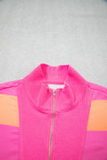 Pink Half Zipper Placket Bracelet Sleeve Top Casual Shorts Set