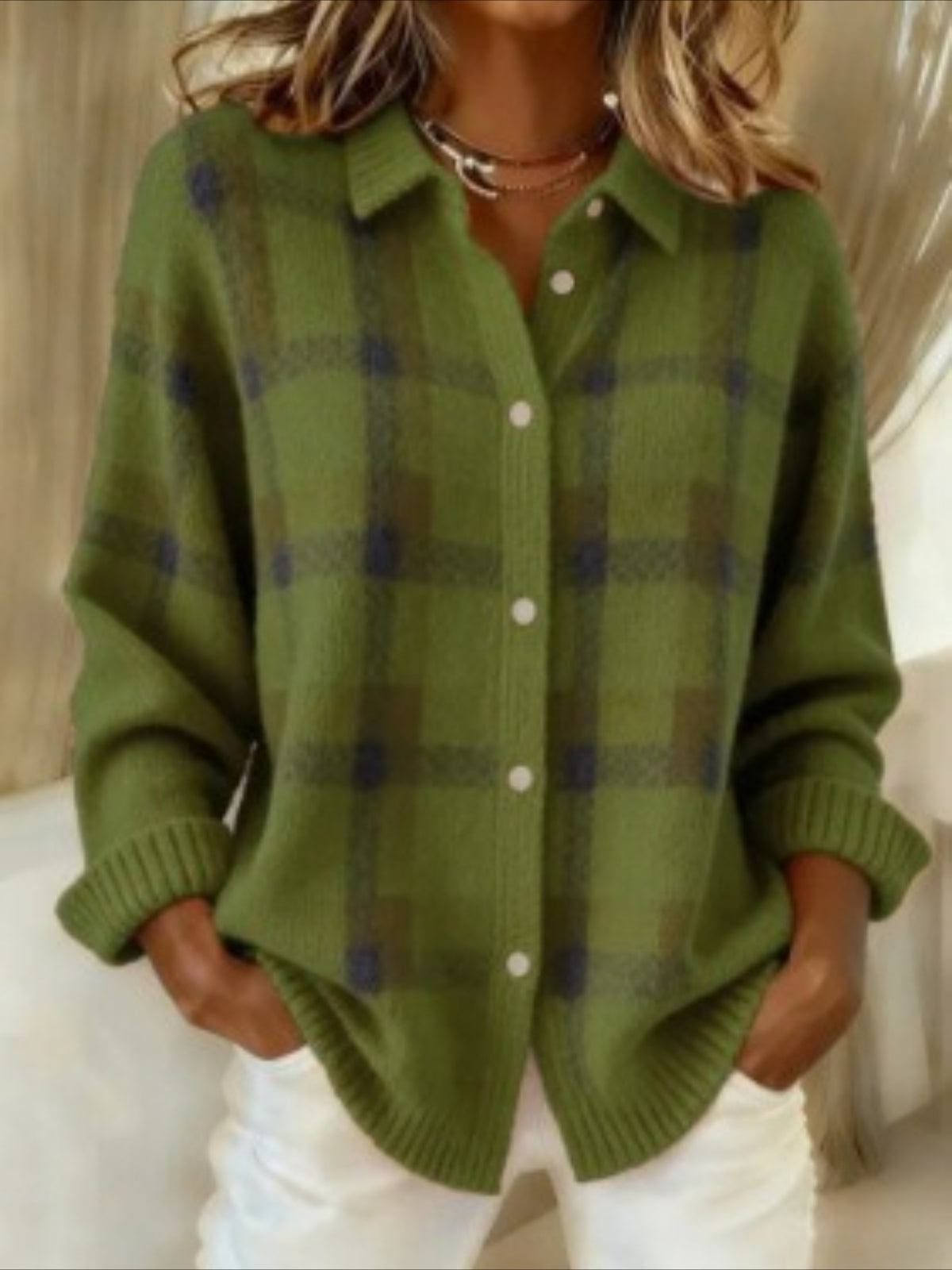 Plaid Collared Button-Up Knit Cardigan