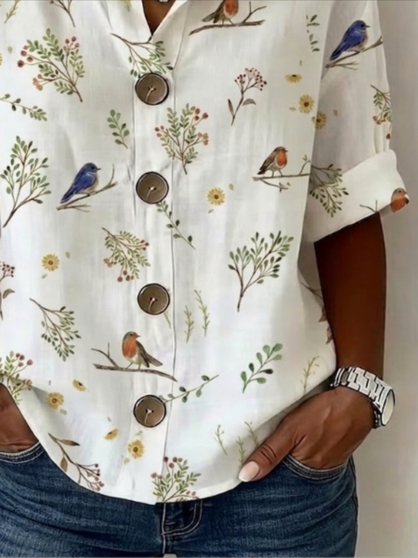Floral Loose Stand Collar Simple Linen Blend Long Sleeve Shirt
