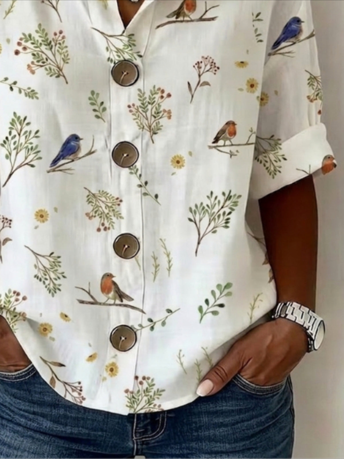 Floral Loose Stand Collar Simple Linen Blend Long Sleeve Shirt