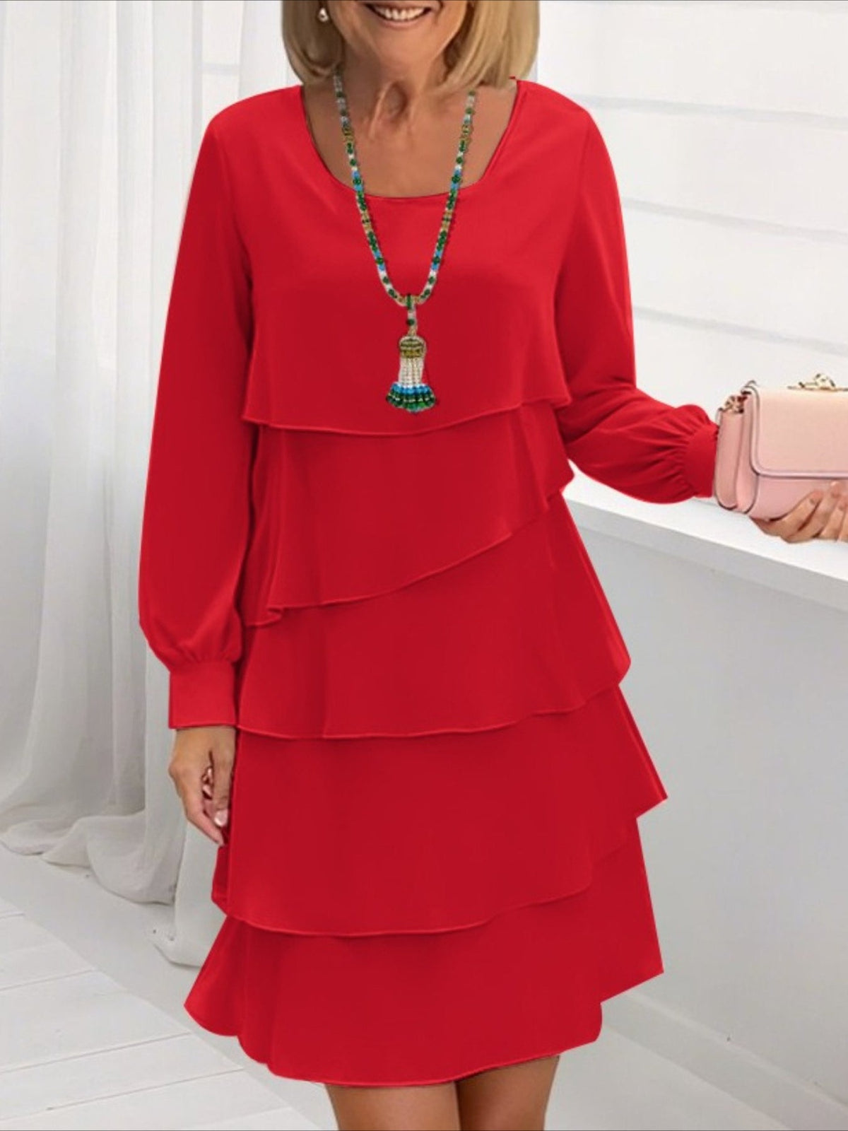 Elegant Round Neck Flared Hem Long Sleeves Tiered Midi Dress
