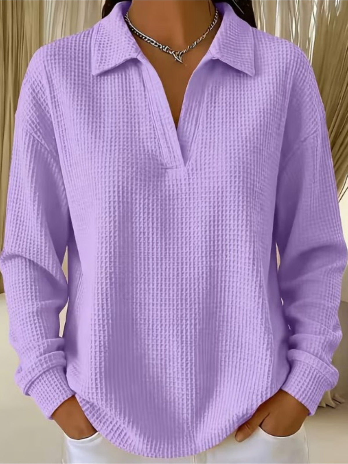 Waffle Lapel Neck Long Sleeve Polo Top