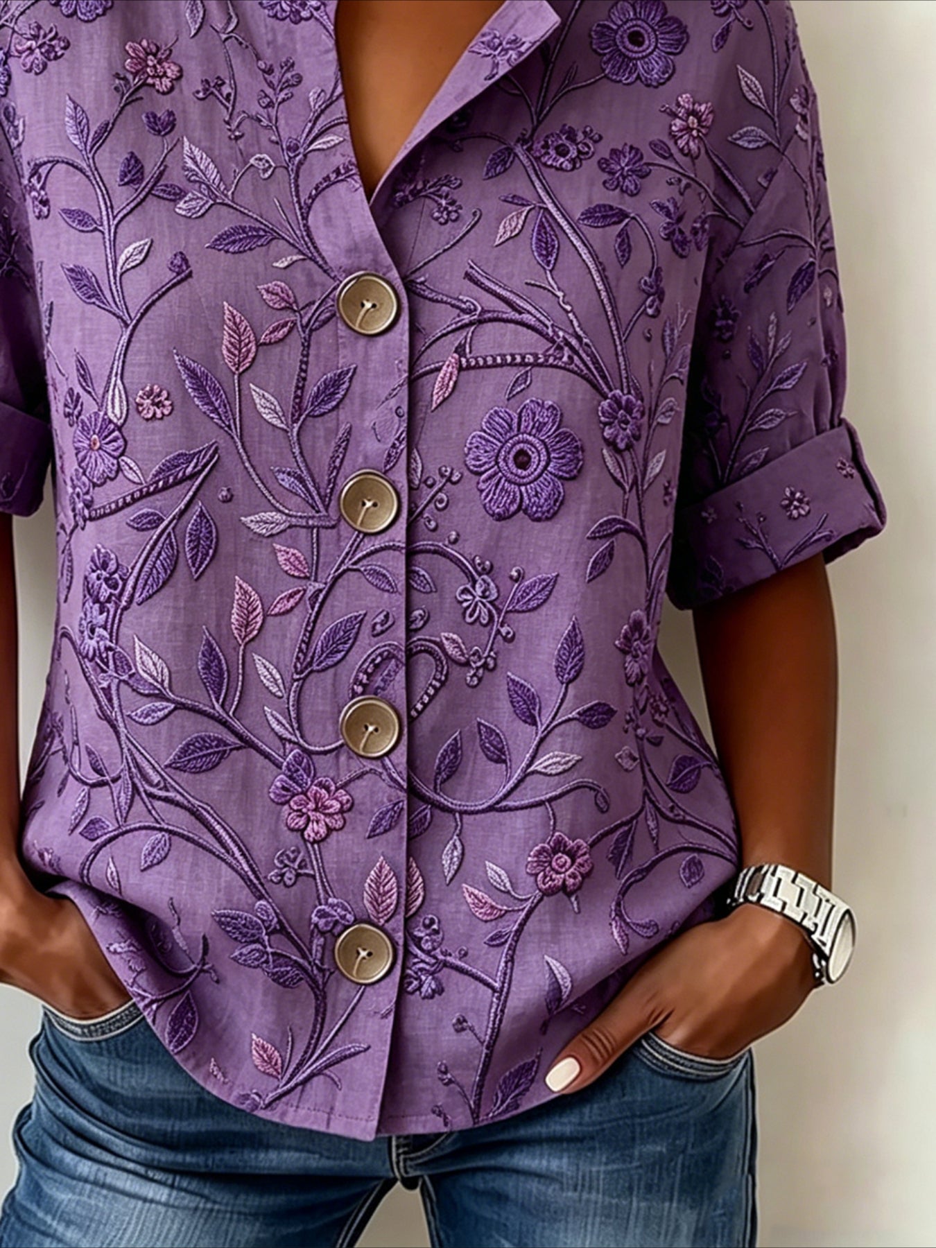 Floral Loose Stand Collar Simple Linen Blend Long Sleeve Shirt