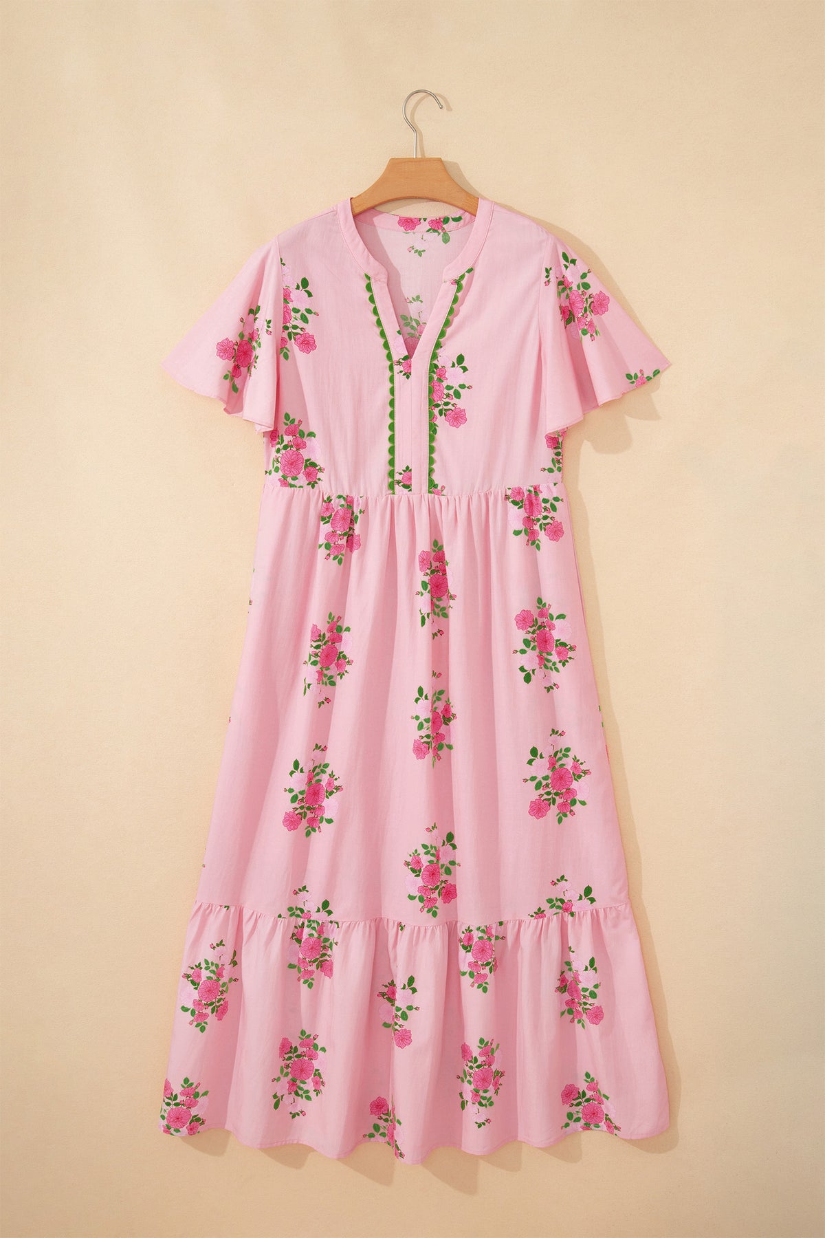 Pink Notched Neck Flutter Short Sleeve Floral Print Maxi Dress