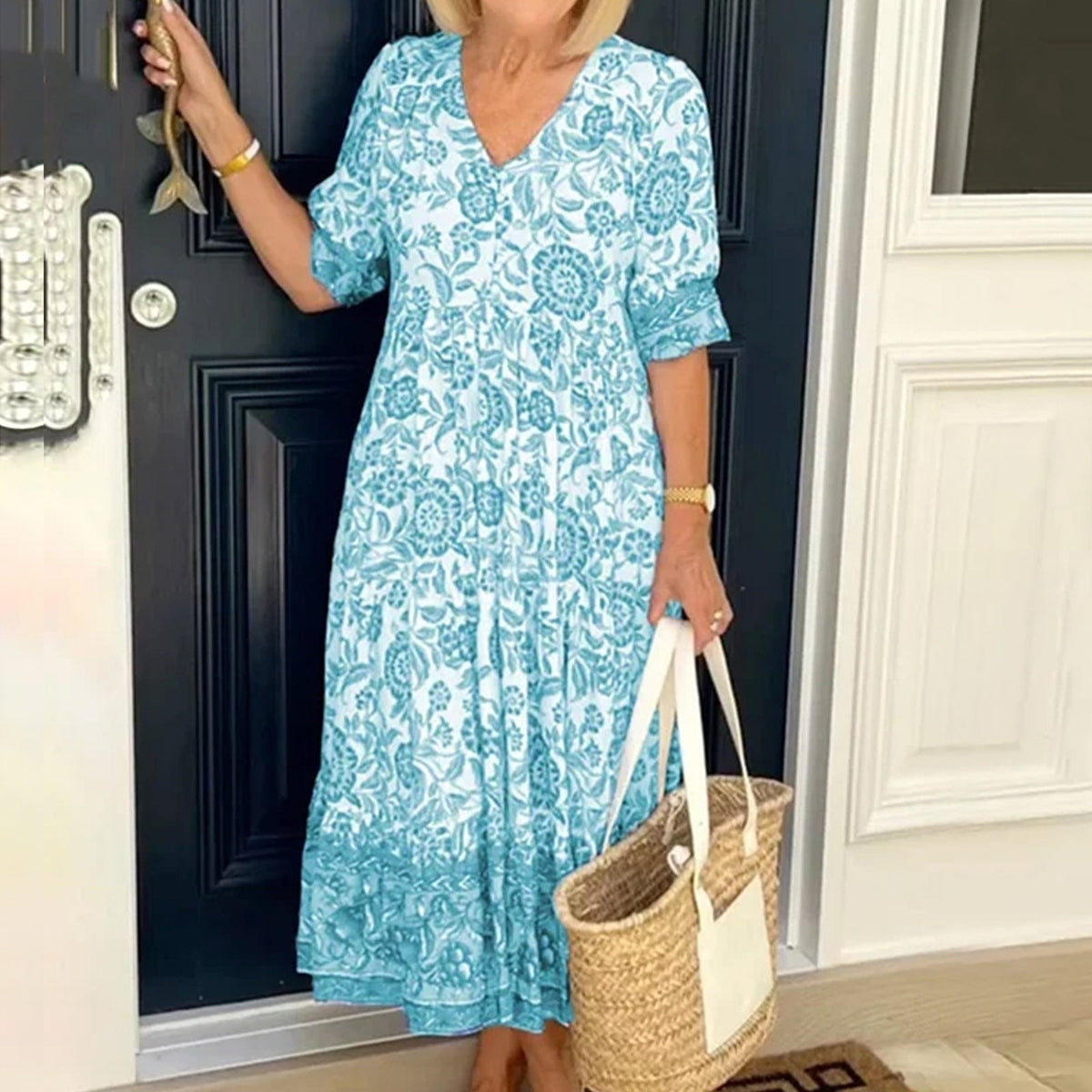 Floral Print Ethnic Short Sleeve V Neck Midi Dress