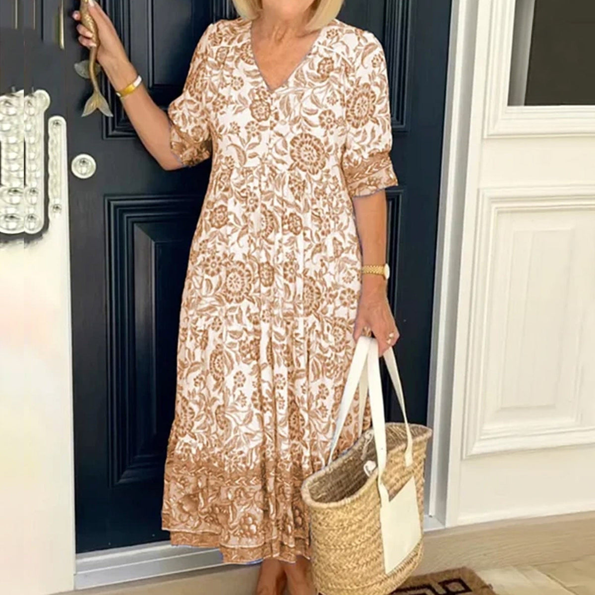 Floral Print Ethnic Short Sleeve V Neck Midi Dress