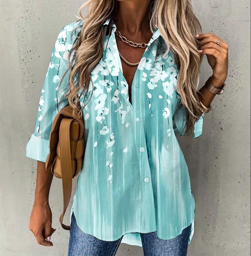 Retro Loose Long Sleeve Sexy V-neck Floral Print Button Shirt