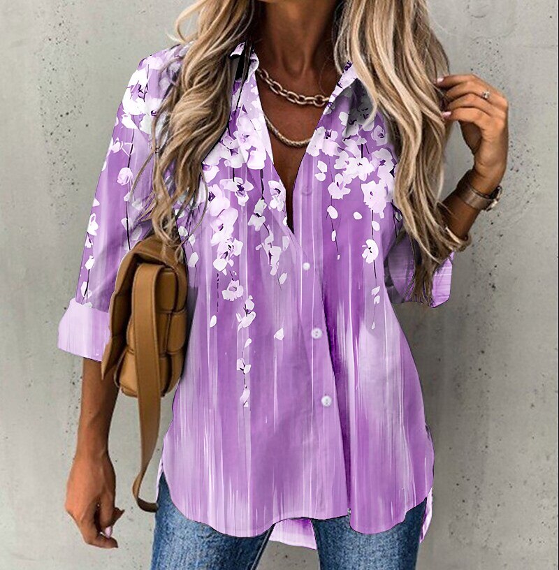 Retro Loose Long Sleeve Sexy V-neck Floral Print Button Shirt