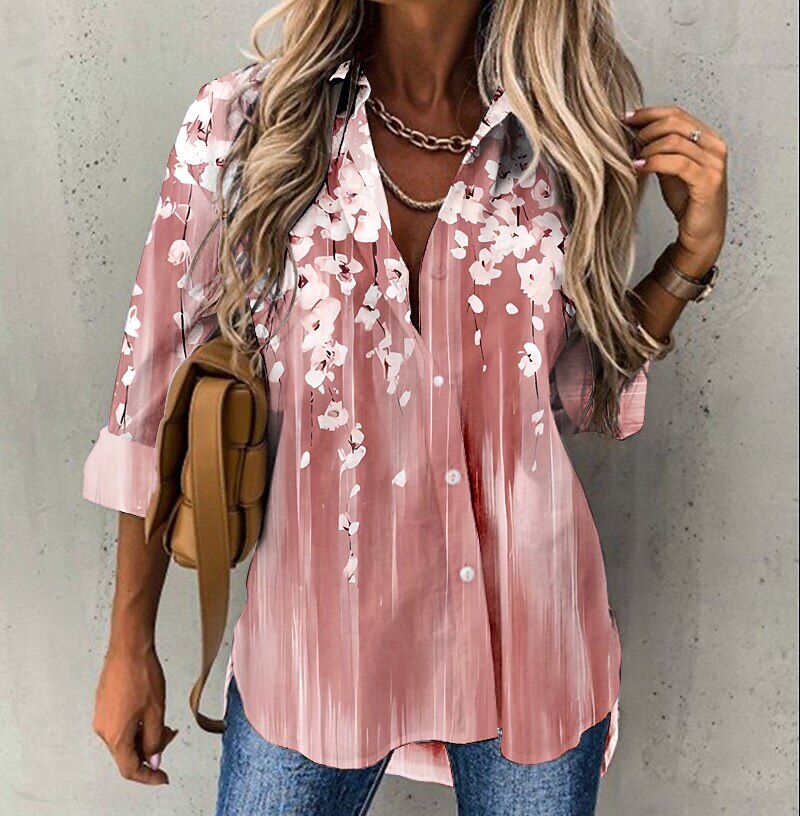 Retro Loose Long Sleeve Sexy V-neck Floral Print Button Shirt