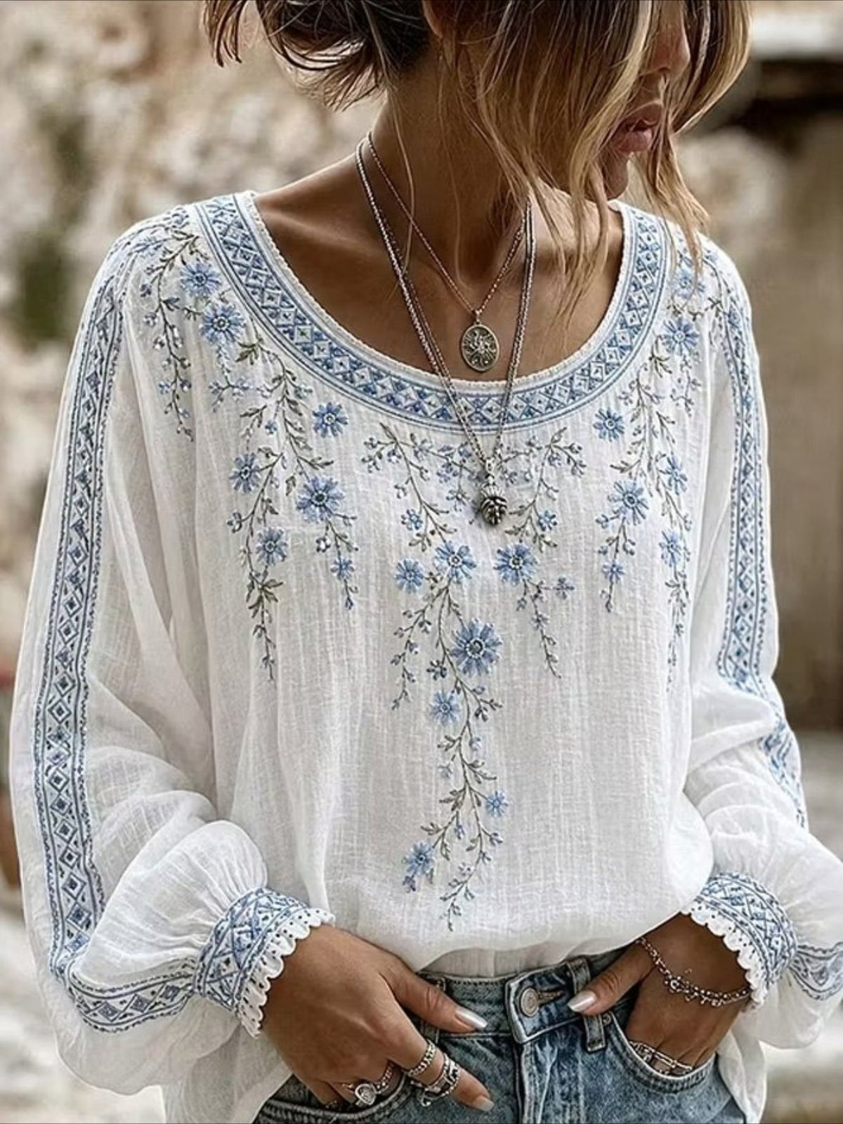 Vines Floral Crew Neck Long Sleeve Blouse