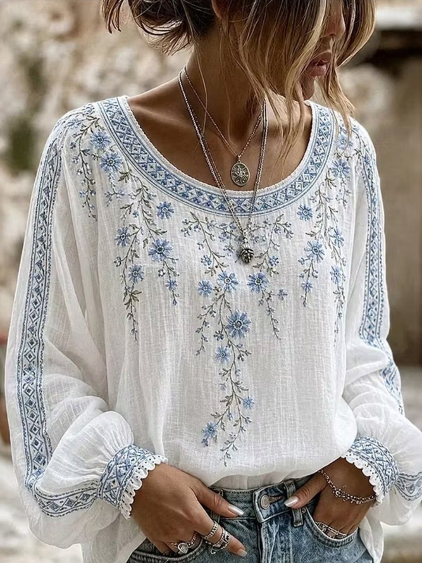 Floral Crew Neck Long Sleeve Blouse