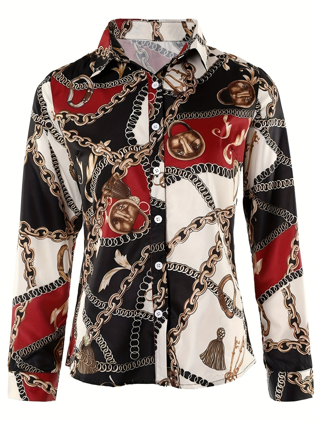 Women's Blouse V-neck Print Button Long Sleeve Loose Fall Blouse