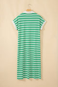 Green Stripe Collared V Neck Short Sleeve T Shirt Midi Dress with Pockets