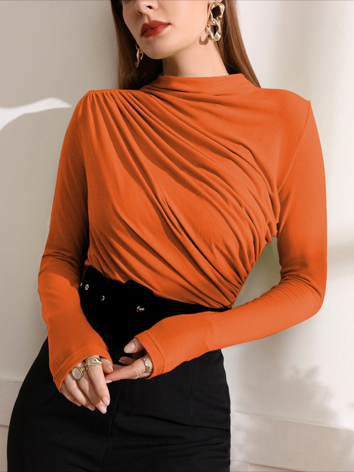Chic Fall/Winter Ruched Mock Neck Long Sleeve Top