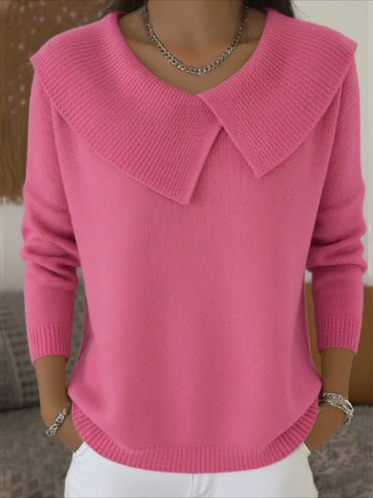 Solid Asymmetrical Lapel Color Long Sleeve Sweater
