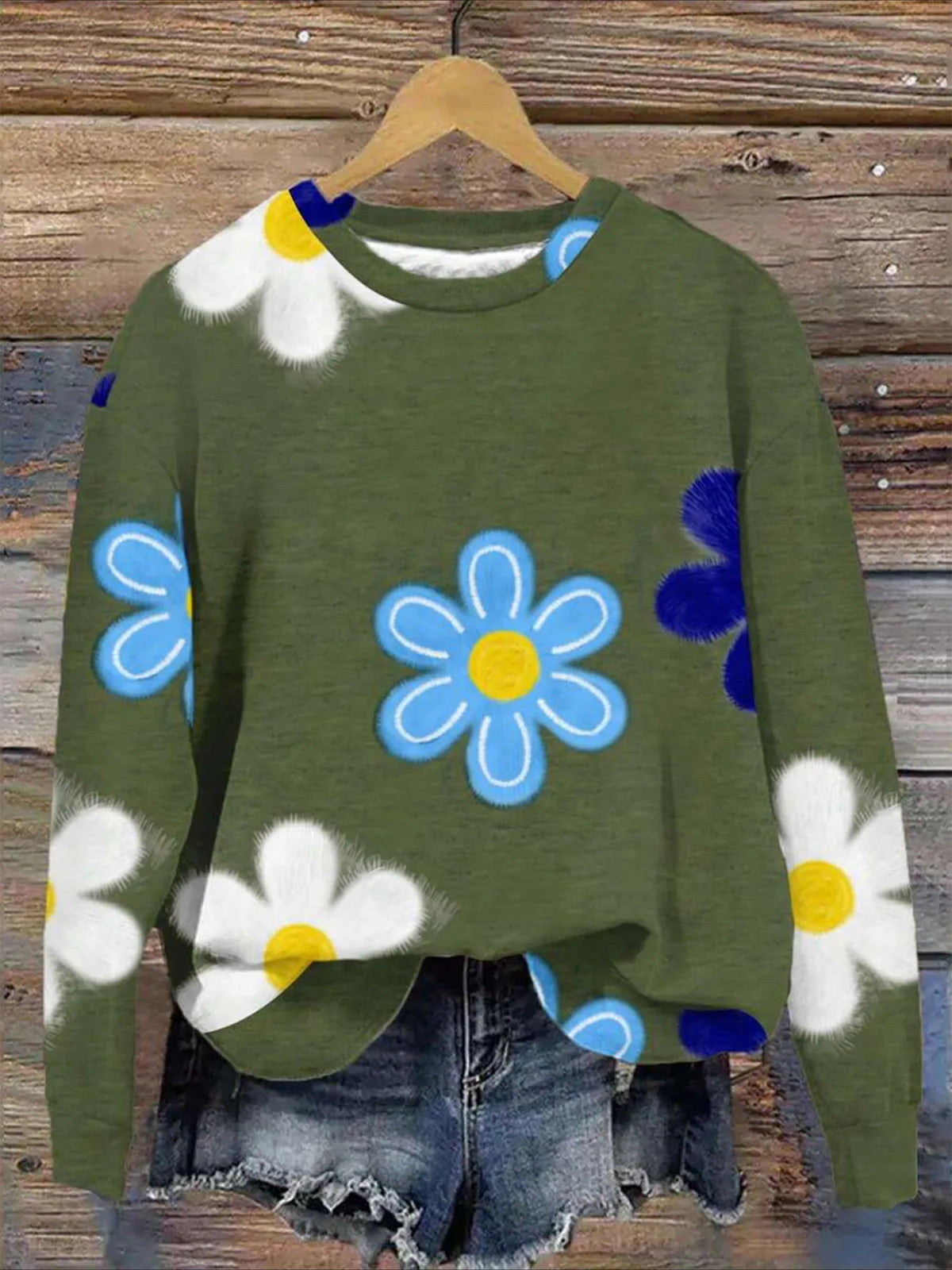 Floral Vintage Cotton-Blend Crew Neck Sweatshirt