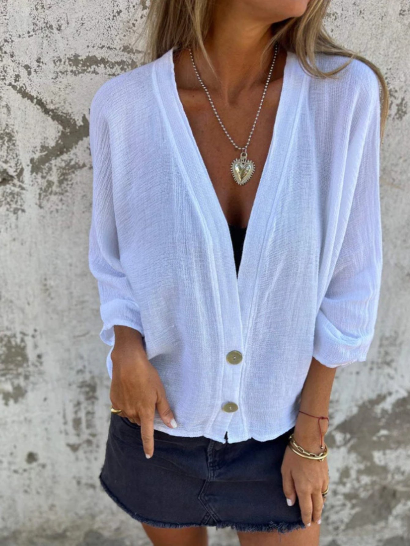 Casual Loose V Neck Buckle Blouse