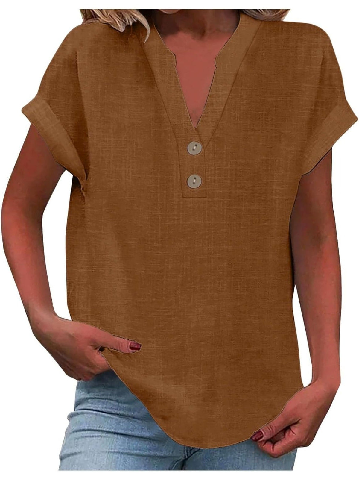 Solid Color V Neck Short Sleeve Button Down T Shirts